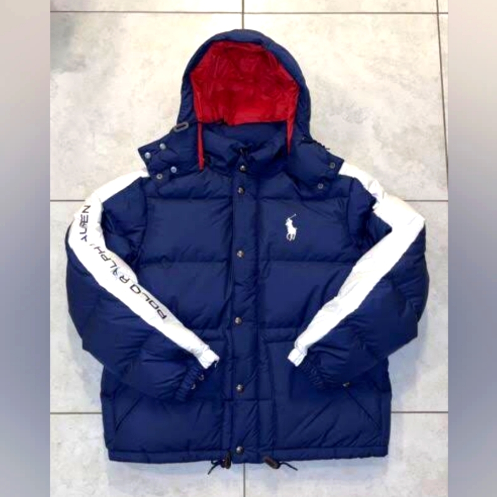 Polo Ralph Lauren Navy USA #18 Big Pony Down Hooded Puffer Jacket Coat L